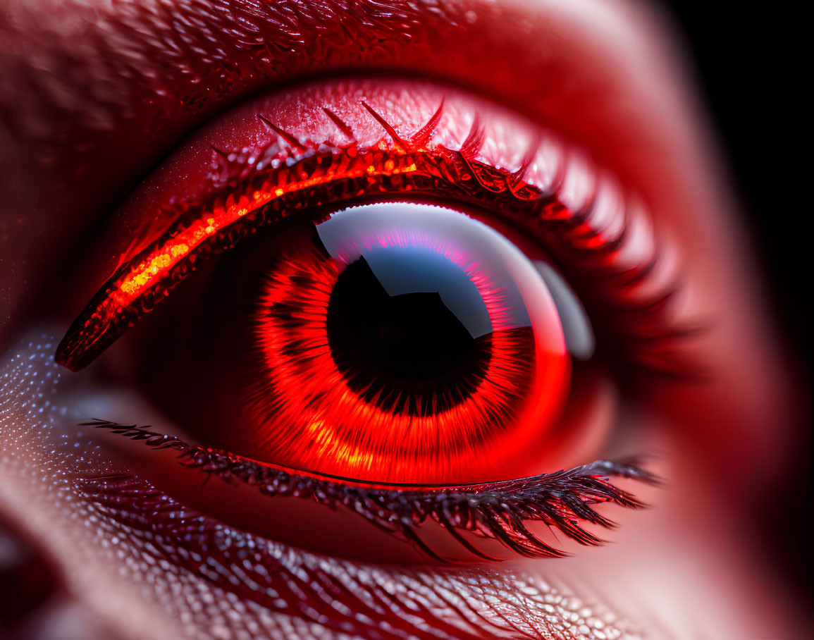 Detailed Close-up of Human Eye with Red Tint and Textured Iris
