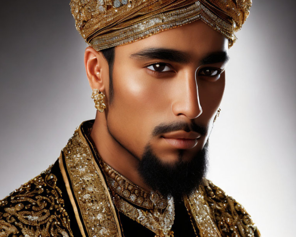 Bearded man in golden turban and traditional attire with jewelry pose on neutral background