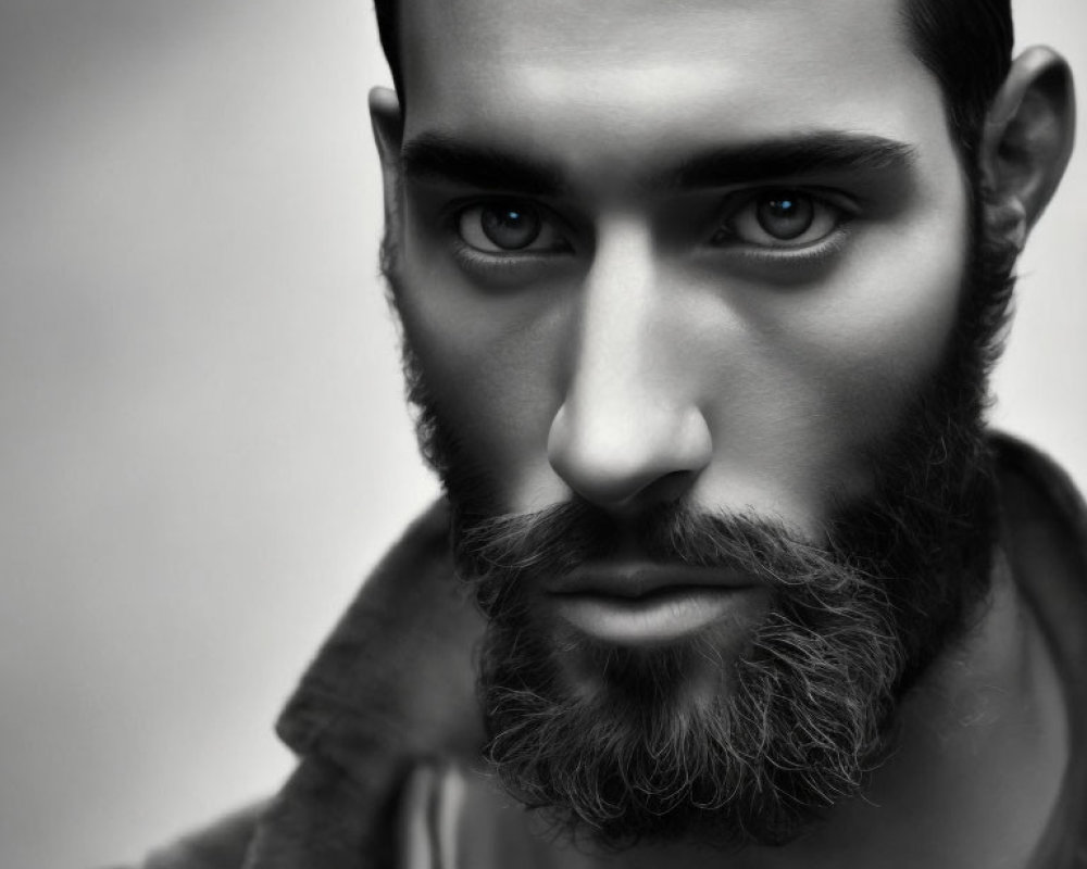 Monochromatic stylized male portrait with full beard and intense gaze