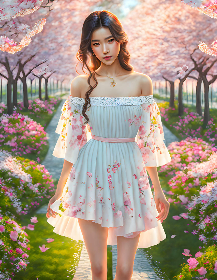 pretty Asian girl in a cherry garden