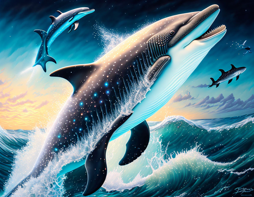 Hybrid dolphin jumping in realistic seascape