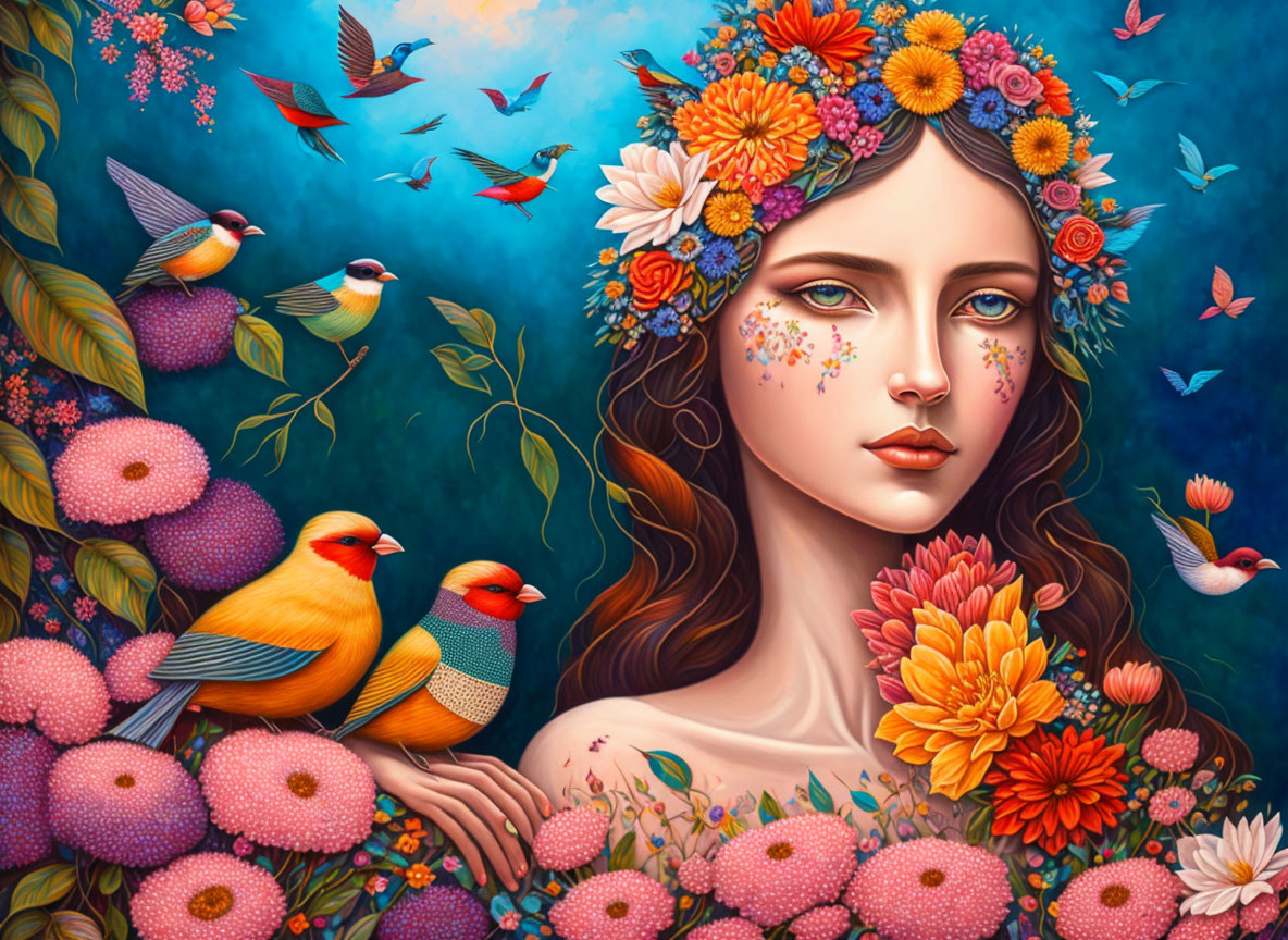 Colorful artwork: Woman with floral hair and birds on vibrant blue background