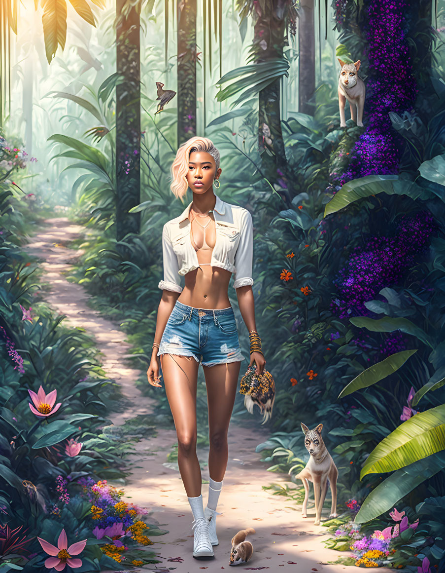 A stylish girl walking in the exotic flower jungle