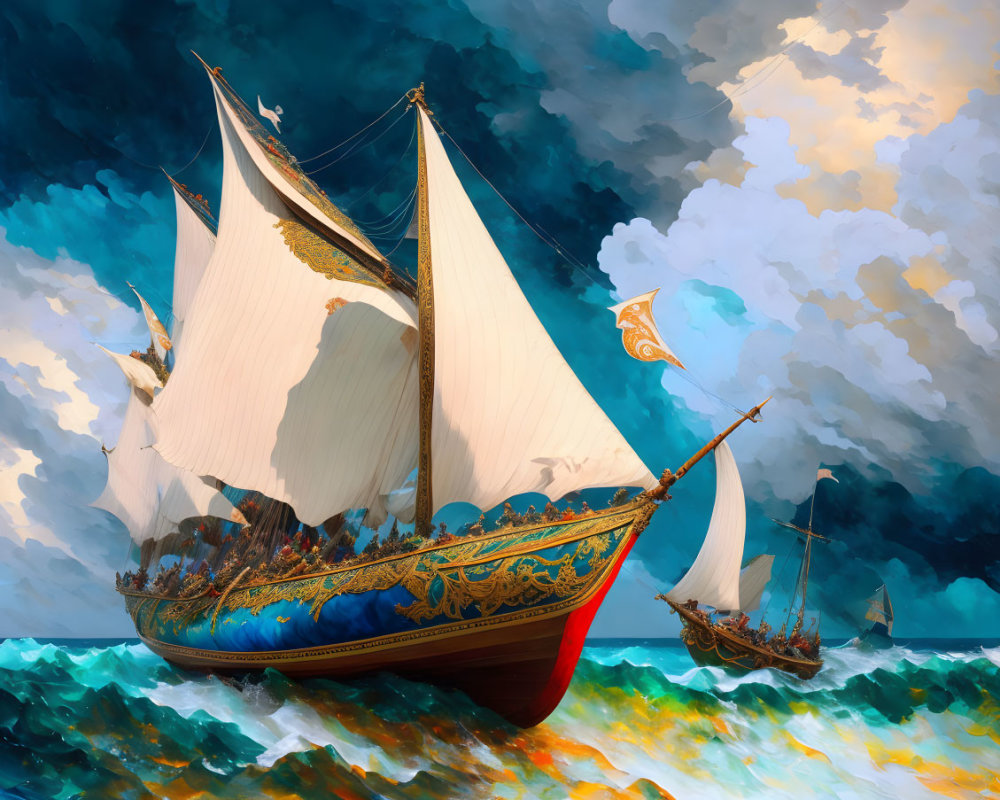Ornate sailing ship navigating rough seas under dramatic sky