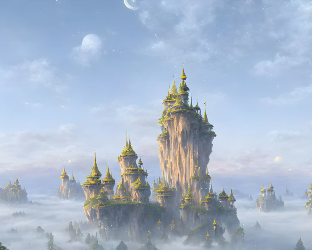 Fantasy castles on rock pillars under blue sky with planets visible