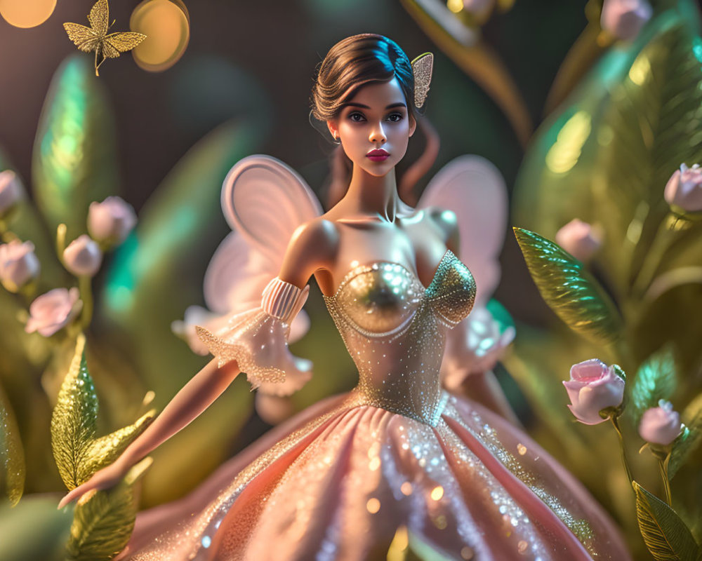 Digital illustration: Fairy with glowing wings in fantastical forest