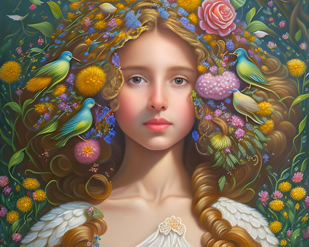 Serene girl with flower crown, birds, and foliage in mystical scene