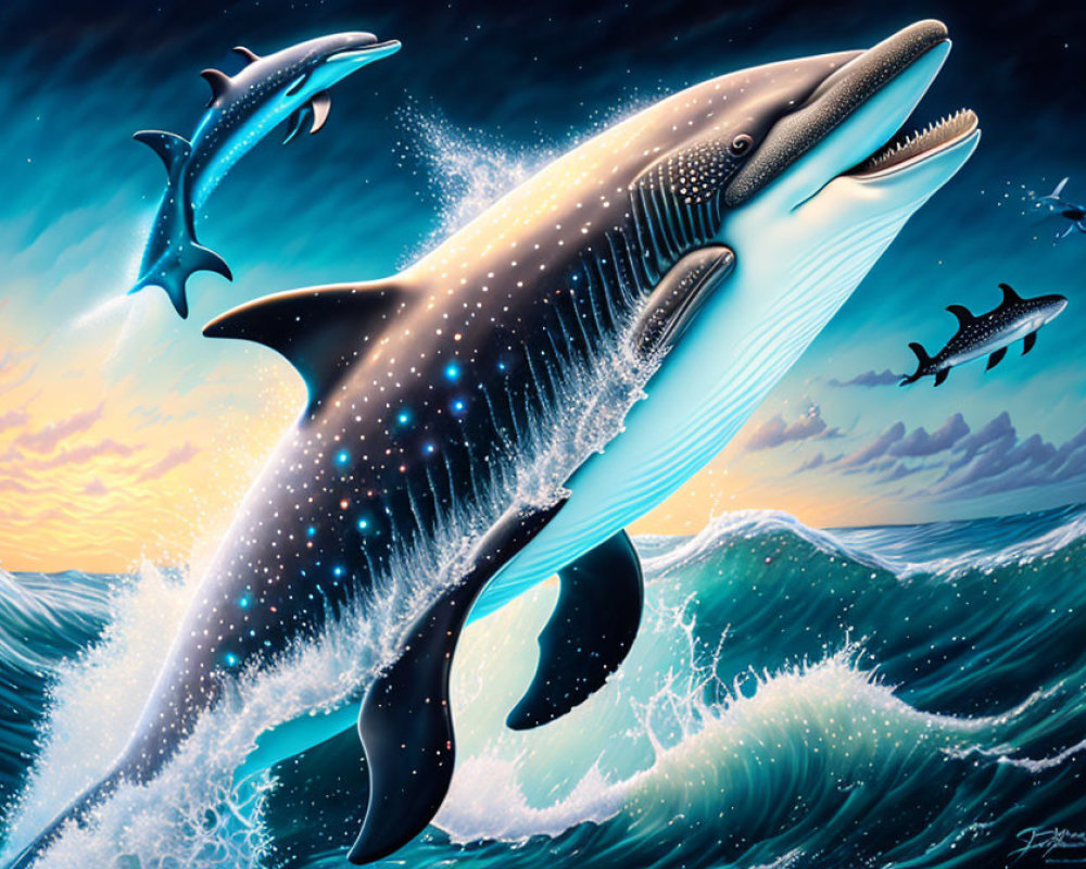 Starry cosmic whale leaps with dolphins in sunset sky