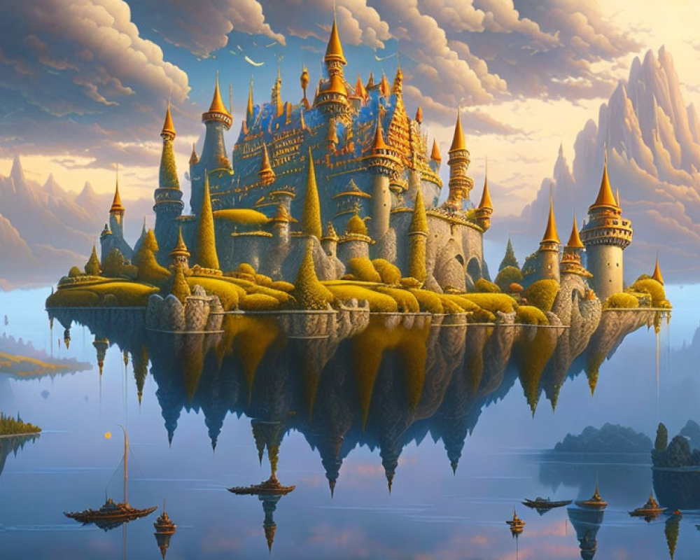Fantasy castle with spires on reflective lake, lush landscape, towering mountains