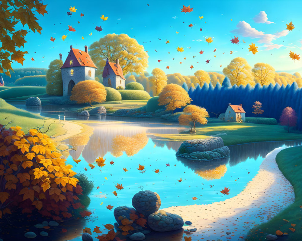 Tranquil autumn landscape with vibrant foliage and serene lake