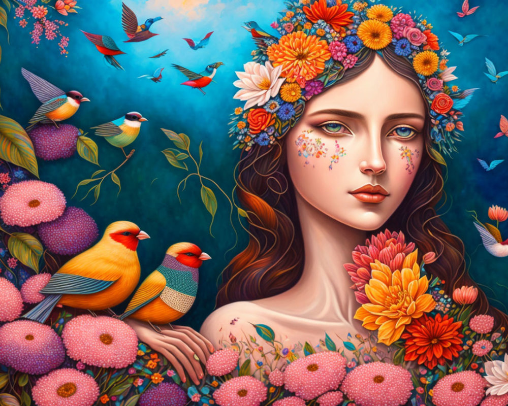 Colorful artwork: Woman with floral hair and birds on vibrant blue background