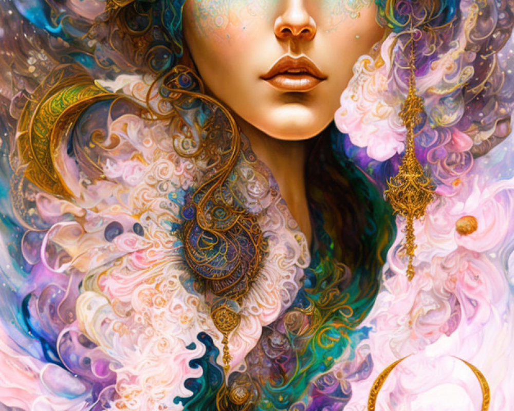 Colorful digital artwork of woman with ornate headpiece and accessories