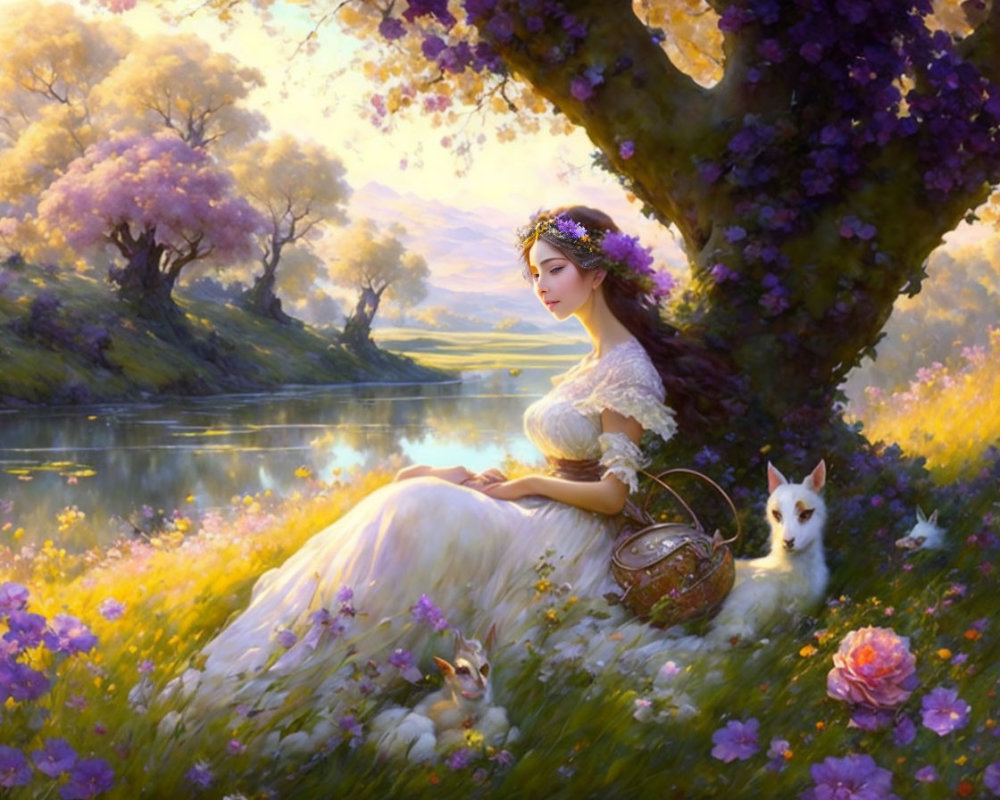 Woman in white gown under purple blossom trees with white dog and fawn by river