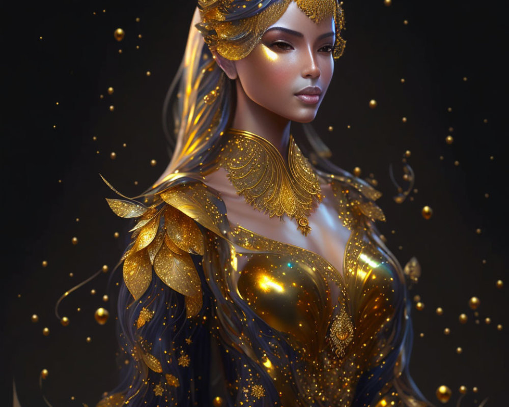 Digital artwork: Woman in golden armor and headdress on dark backdrop