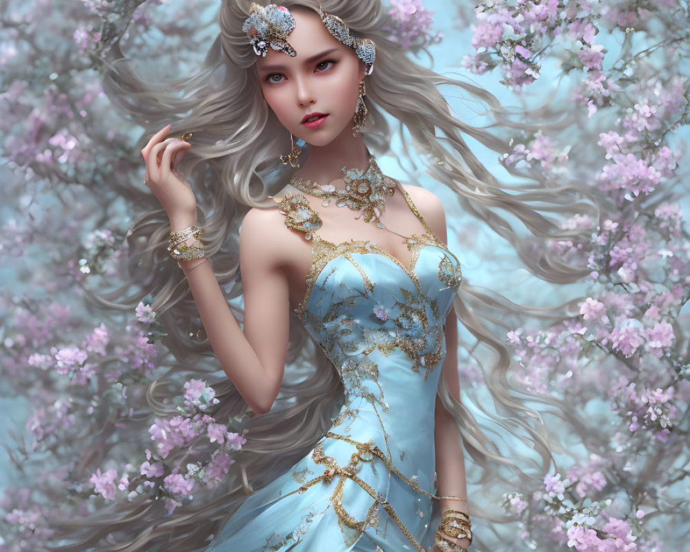 Silver-haired woman in blue and gold gown surrounded by pink flowers and mystical accessory