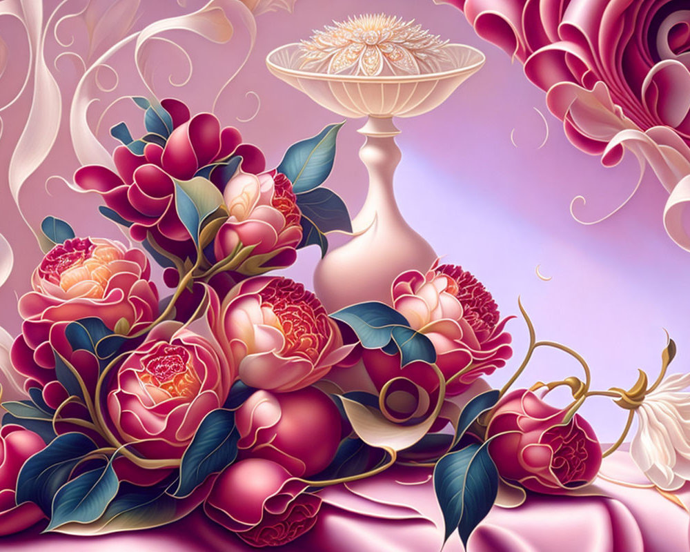 Stylized red and pink flower illustration with ornate bowl on pedestal