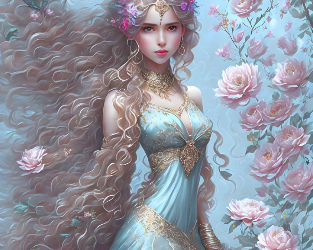 Woman with Long Wavy Hair in Blue and Gold Gown Surrounded by Pink Roses