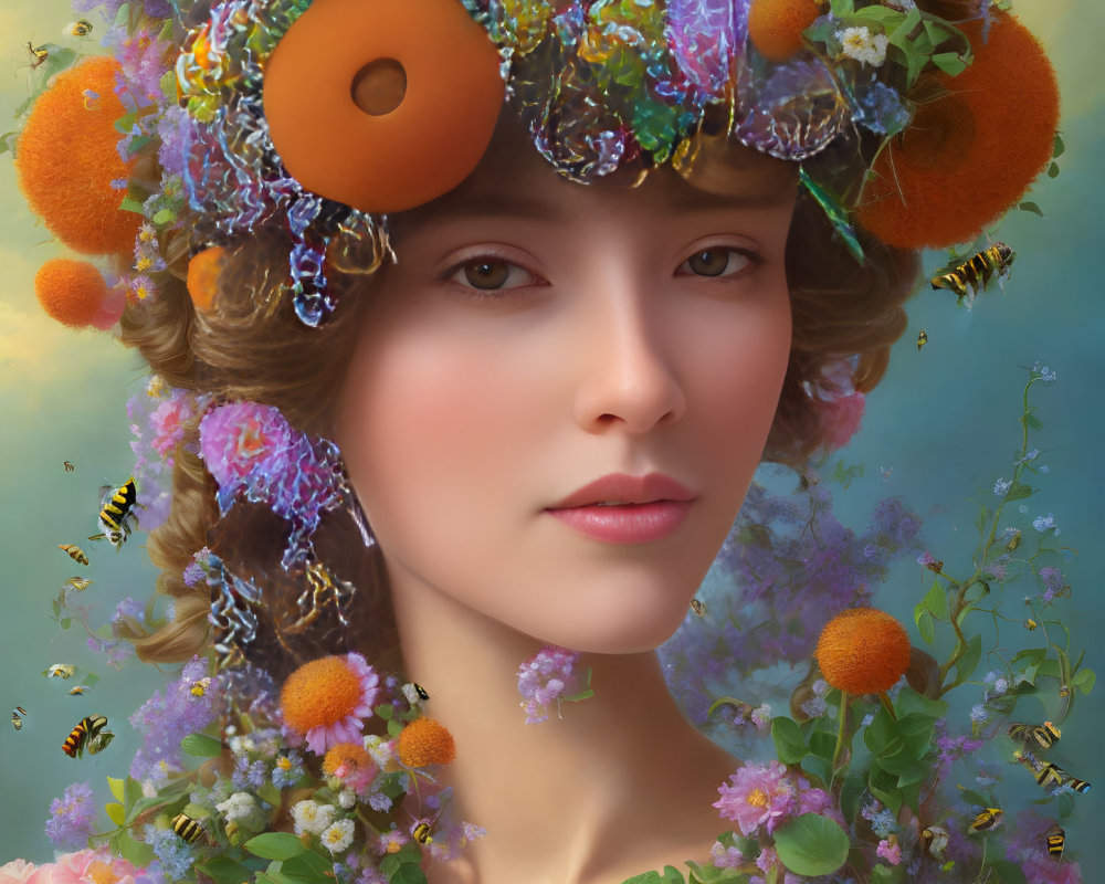 Woman portrait with vibrant floral and fruit headdress, bees, pastel background