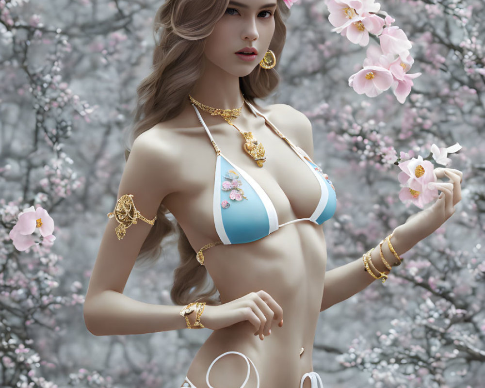 Digital Artwork: Woman with Jewelry and Floral Crown Among Cherry Blossoms