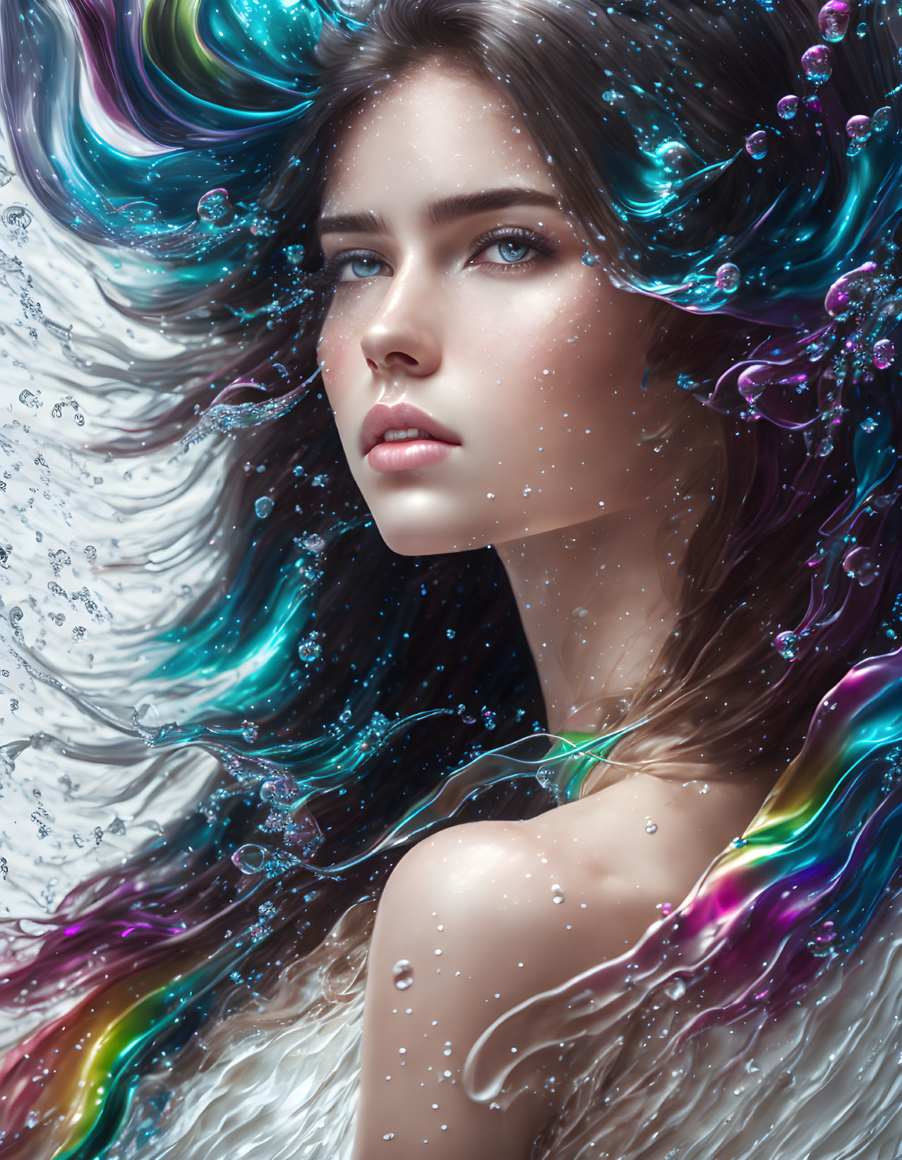 A girl surrounded by colorful water effects