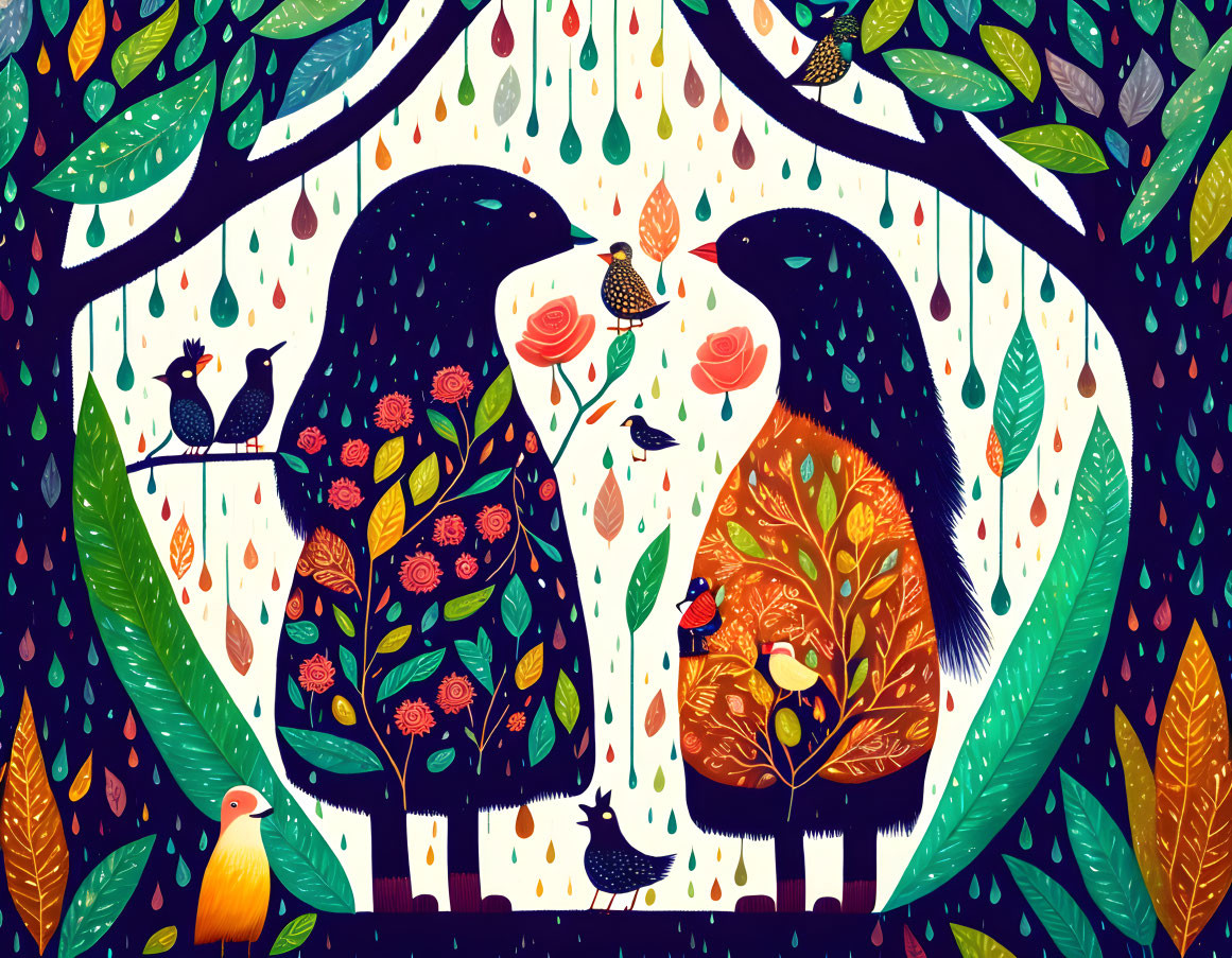 Colorful Stylized Birds in Vibrant Floral Nighttime Scene