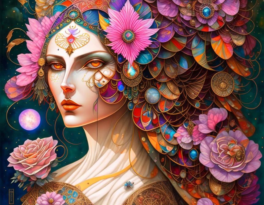 Colorful woman with ornate headdress and cosmic elements.
