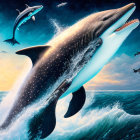 Starry cosmic whale leaps with dolphins in sunset sky