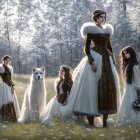 Two Women in Elegant Medieval Gowns in Mystical Forest with White Flowers