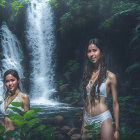 Two Women in White Swimwear at Lush Waterfall
