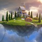 Fantasy castle with spires on reflective lake, lush landscape, towering mountains