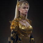 Digital artwork: Woman in golden armor and headdress on dark backdrop