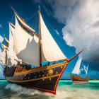 Ornate sailing ship navigating rough seas under dramatic sky