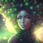 Illustration of woman with galaxies and stars in hair and glowing green eyes