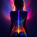 Silhouetted woman against vibrant cosmic background with nebula pattern.