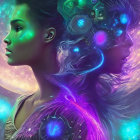 Digital artwork: Woman with flowing hair and cosmic skin pattern on celestial background