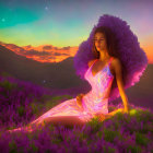 Woman in Glowing Attire Amid Lavender at Sunset