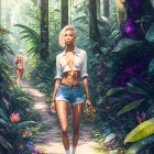 Woman walking in sunlit jungle with wild cats among lush greenery