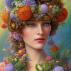 Woman portrait with vibrant floral and fruit headdress, bees, pastel background