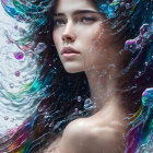 Woman with flowing hair in iridescent water and vivid colors