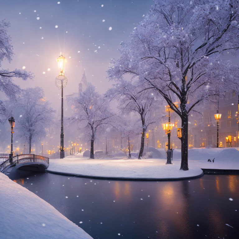 Snow-covered trees, glowing lamp, bridge, river, and snowfall in serene winter setting
