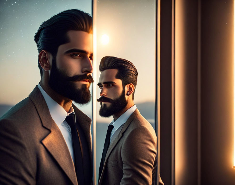 Bearded man in suit by window at sunset