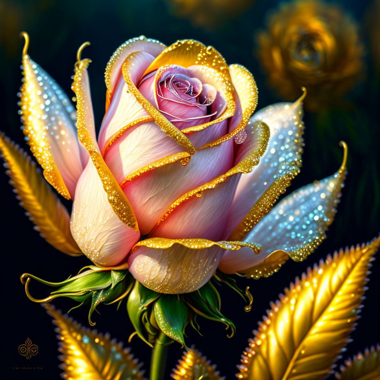 golden rose with white leaves, digital painting