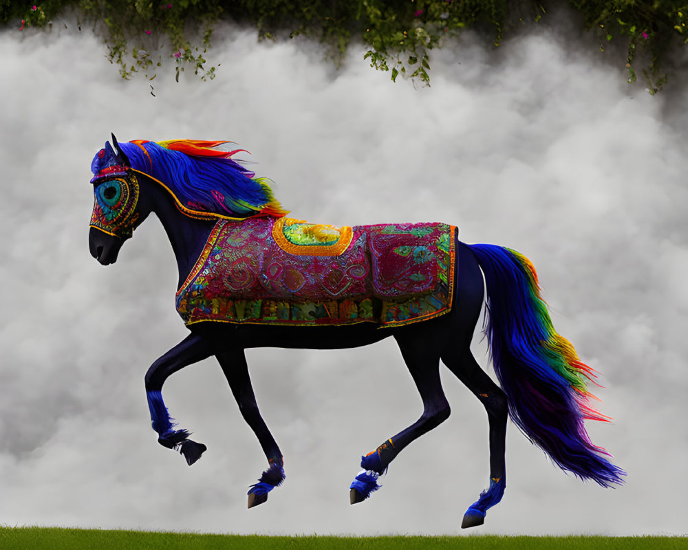 Colorful Horse with Vibrant Mane and Tail Prancing in Lush Field