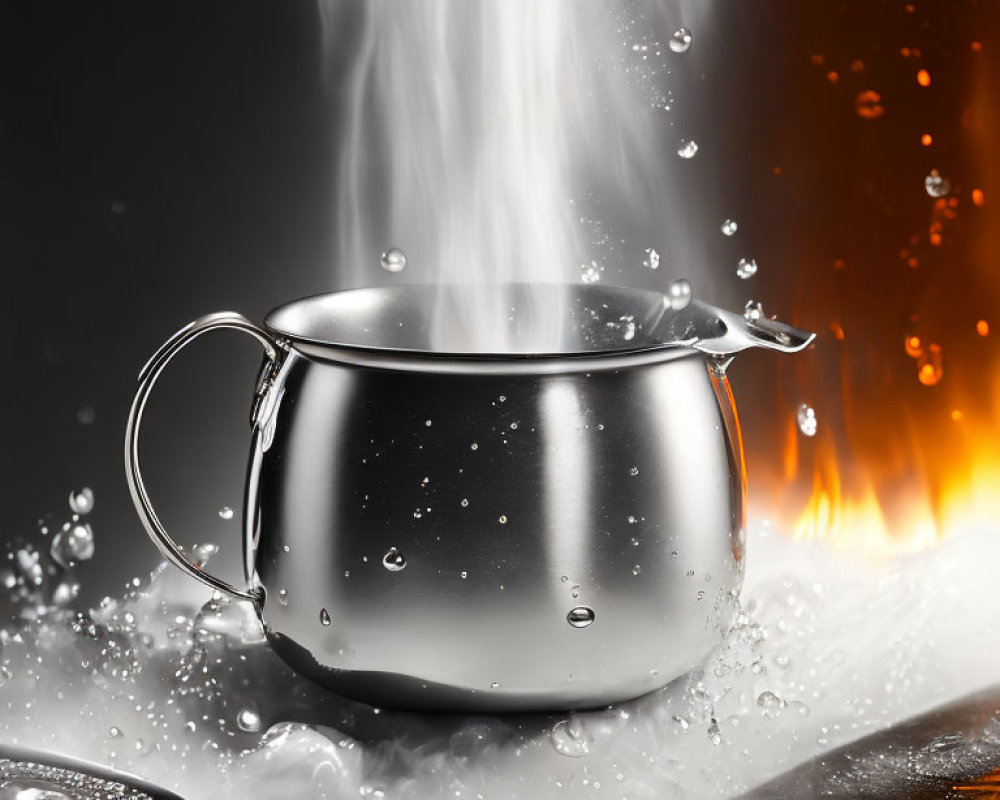 Stainless Steel Pot Under Steam Jet with Water Droplets