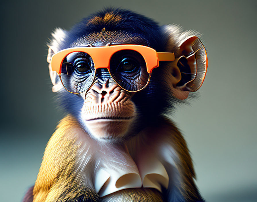 Monkey with Orange Glasses and White Shirt Collar on Blue-Grey Background