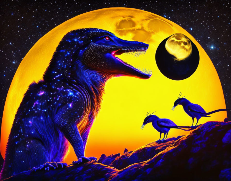 Colorful cosmic dinosaur and birds against orange landscape with moon and starry sky