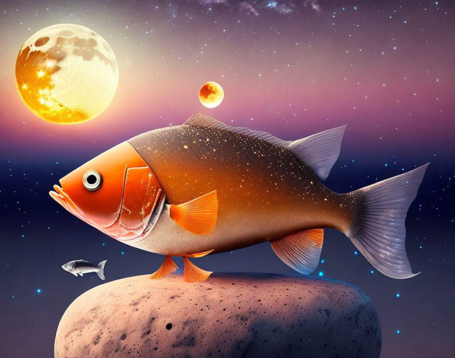 Digital artwork: Oversized fish with big eyes floating above rocky surface under starry sky.