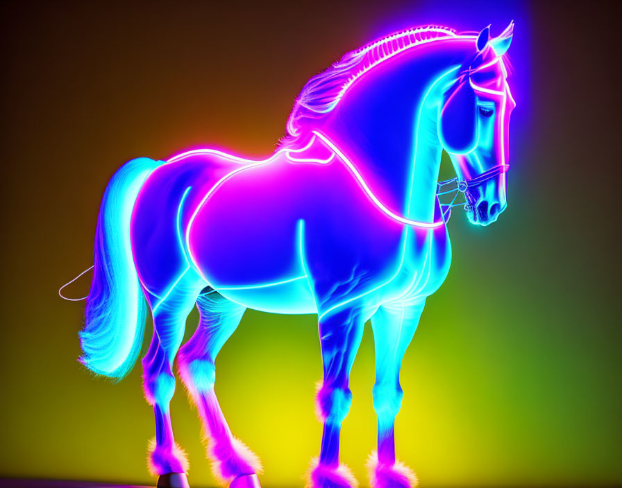 Vibrant neon horse outline on colorful gradient background