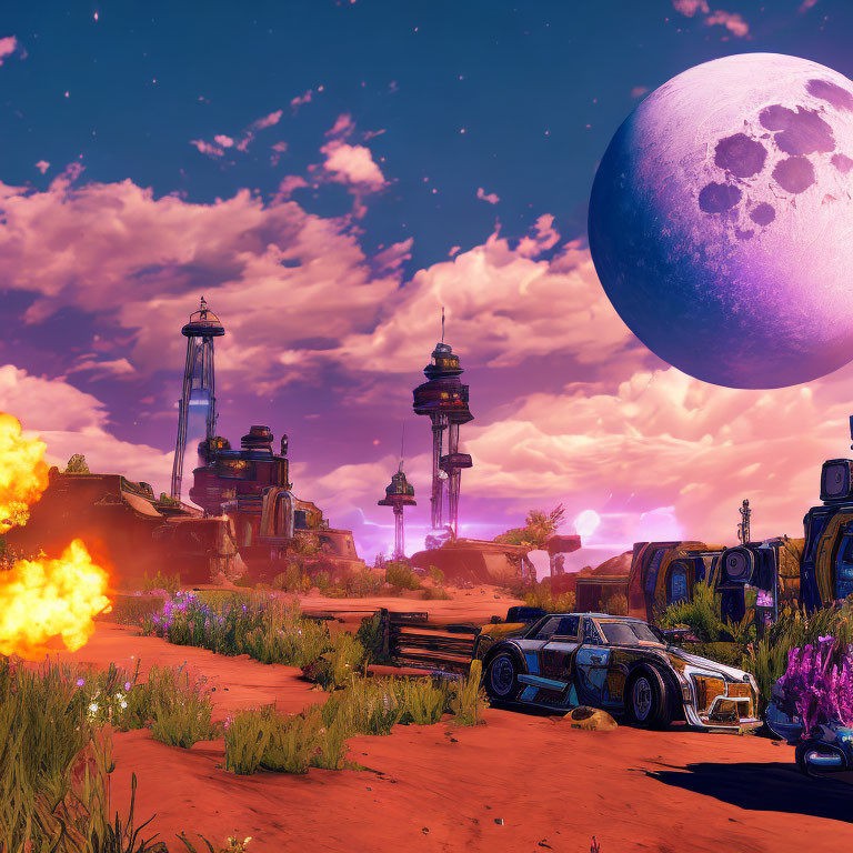 Futuristic sci-fi landscape with large moon, explosion, vehicle, and purple flora