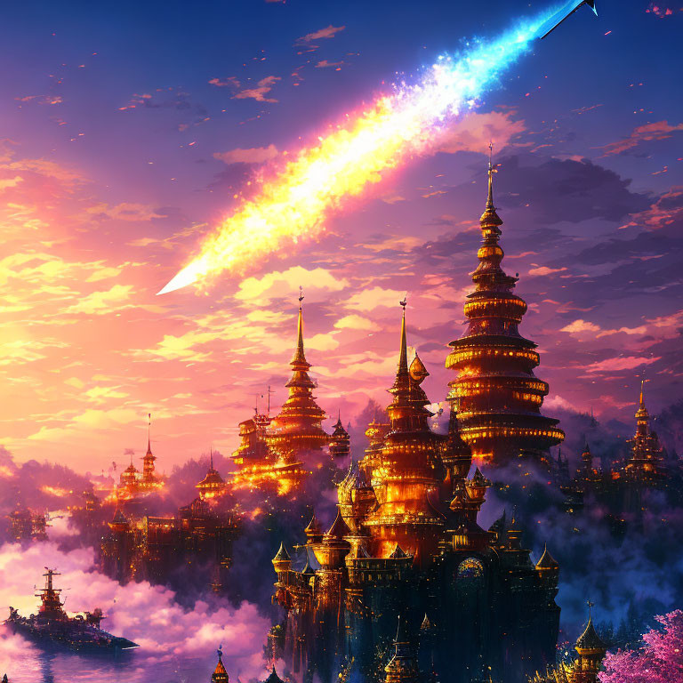 Fantastical sunset cityscape with golden towers and comet in twilight sky